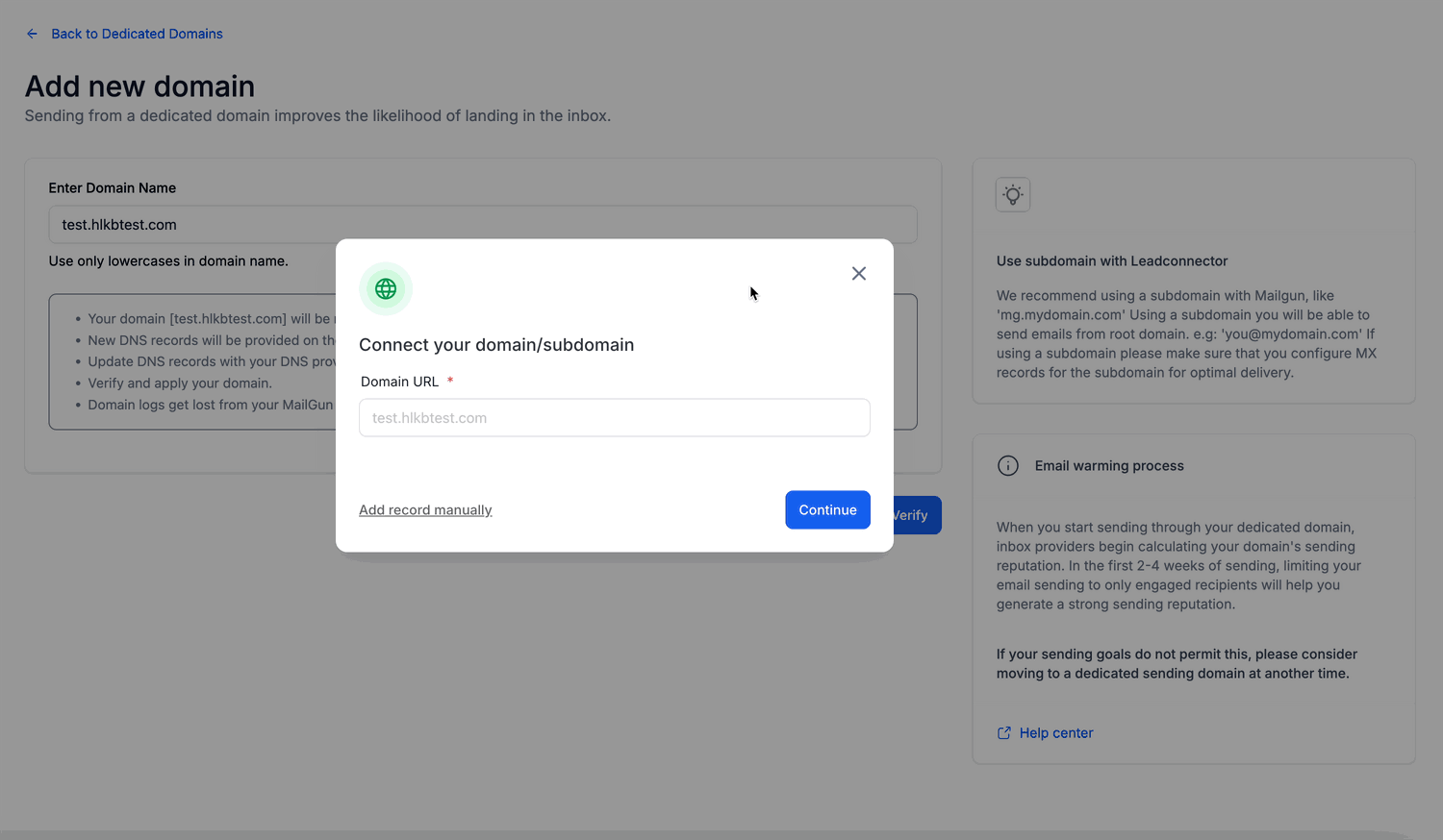 Dedicated Email Sending Domains Overview & Setup – Enter the Domain or Subdomain