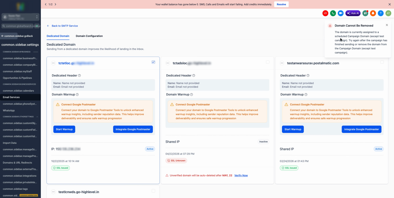 Domain Removal Blocked Due to Active Campaign Assignment – Delete Domain error message showing the domain is assigned to a scheduled campaign