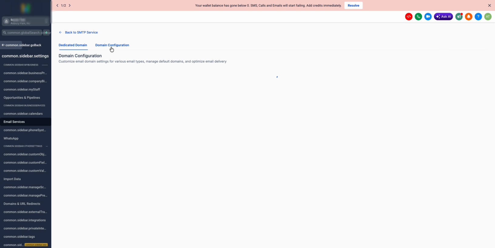 Domain Removal Blocked Due to Active Campaign Assignment – Domain Configurator menu with the affected domain selected