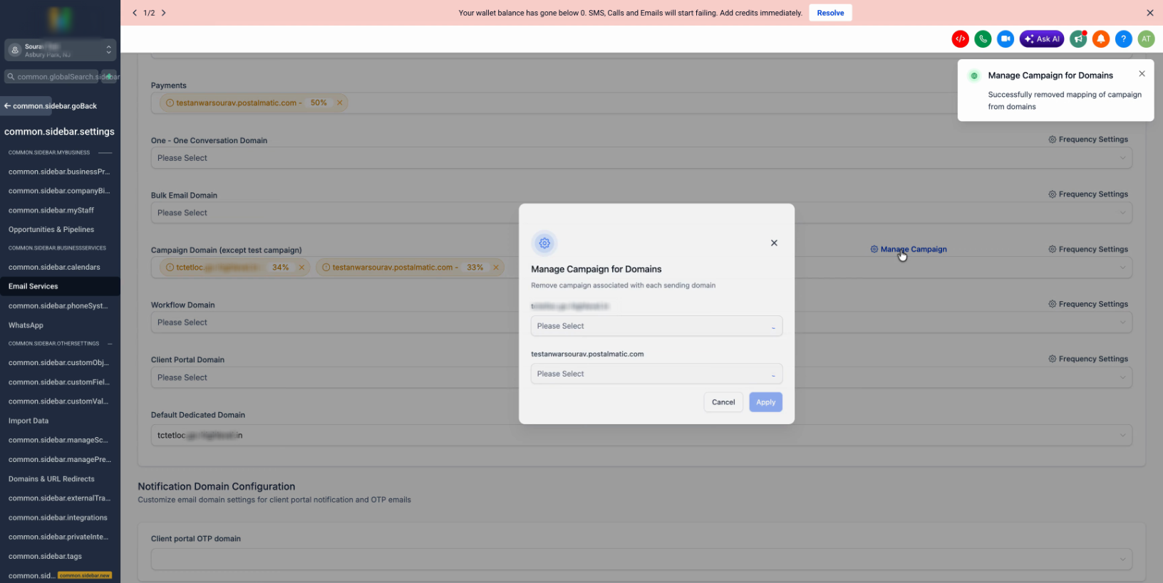 Domain Removal Blocked Due to Active Campaign Assignment – Manage Campaign list now empty, confirming all campaigns are unlinked