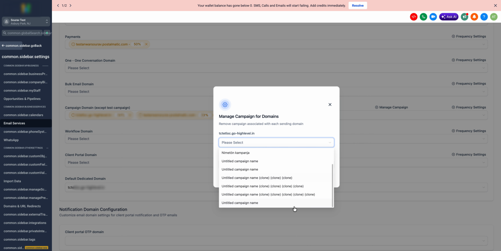 Domain Removal Blocked Due to Active Campaign Assignment – Manage Campaign view listing every campaign tied to the domain