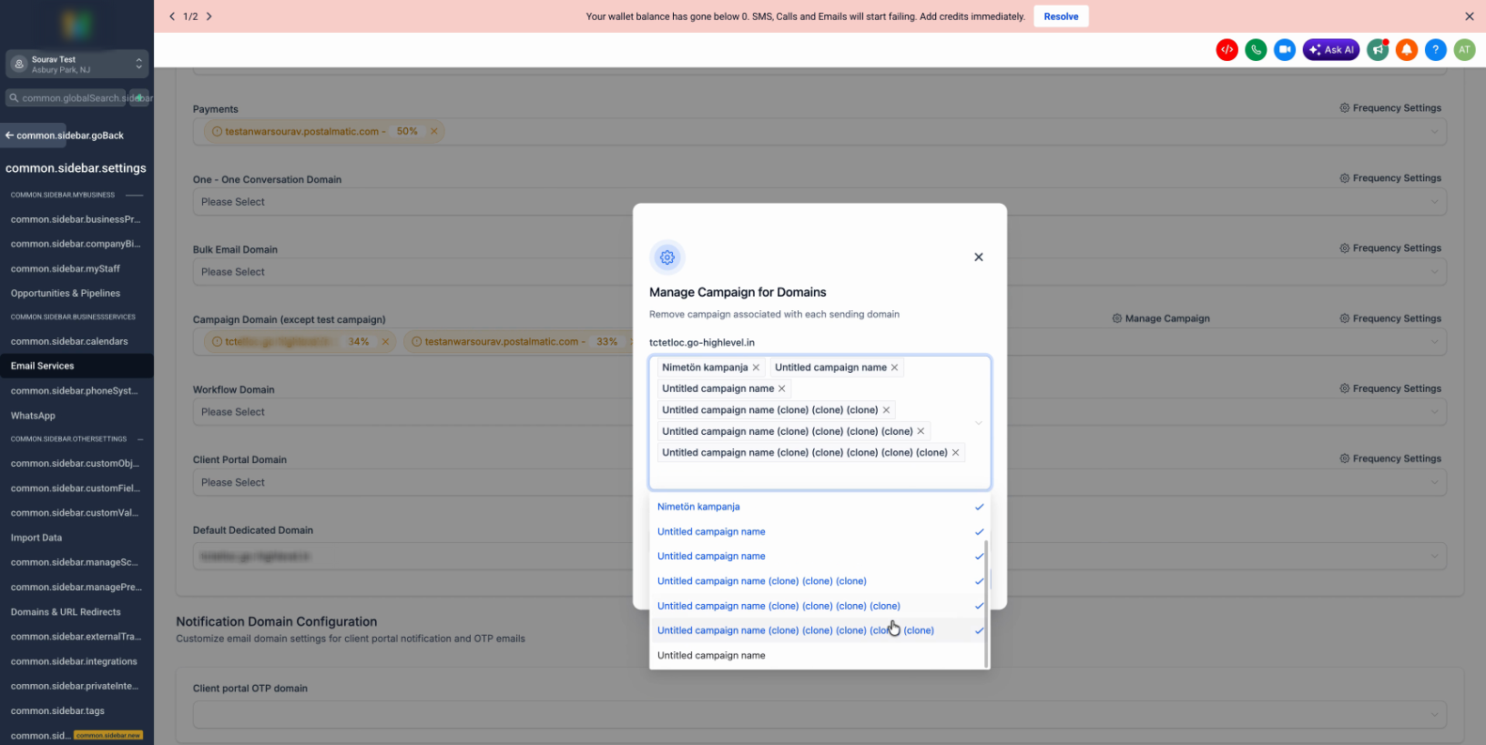 Domain Removal Blocked Due to Active Campaign Assignment – Selecting all campaigns and clicking Remove to unlink the domain