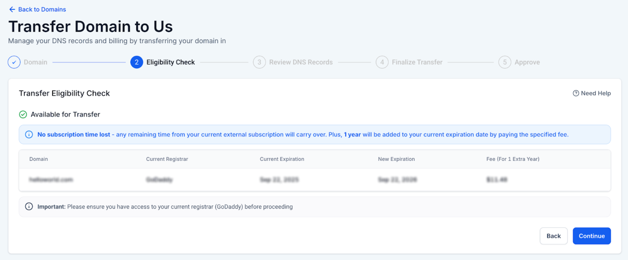 Domain Transfer In and Eligibility Check – Eligibility Check
