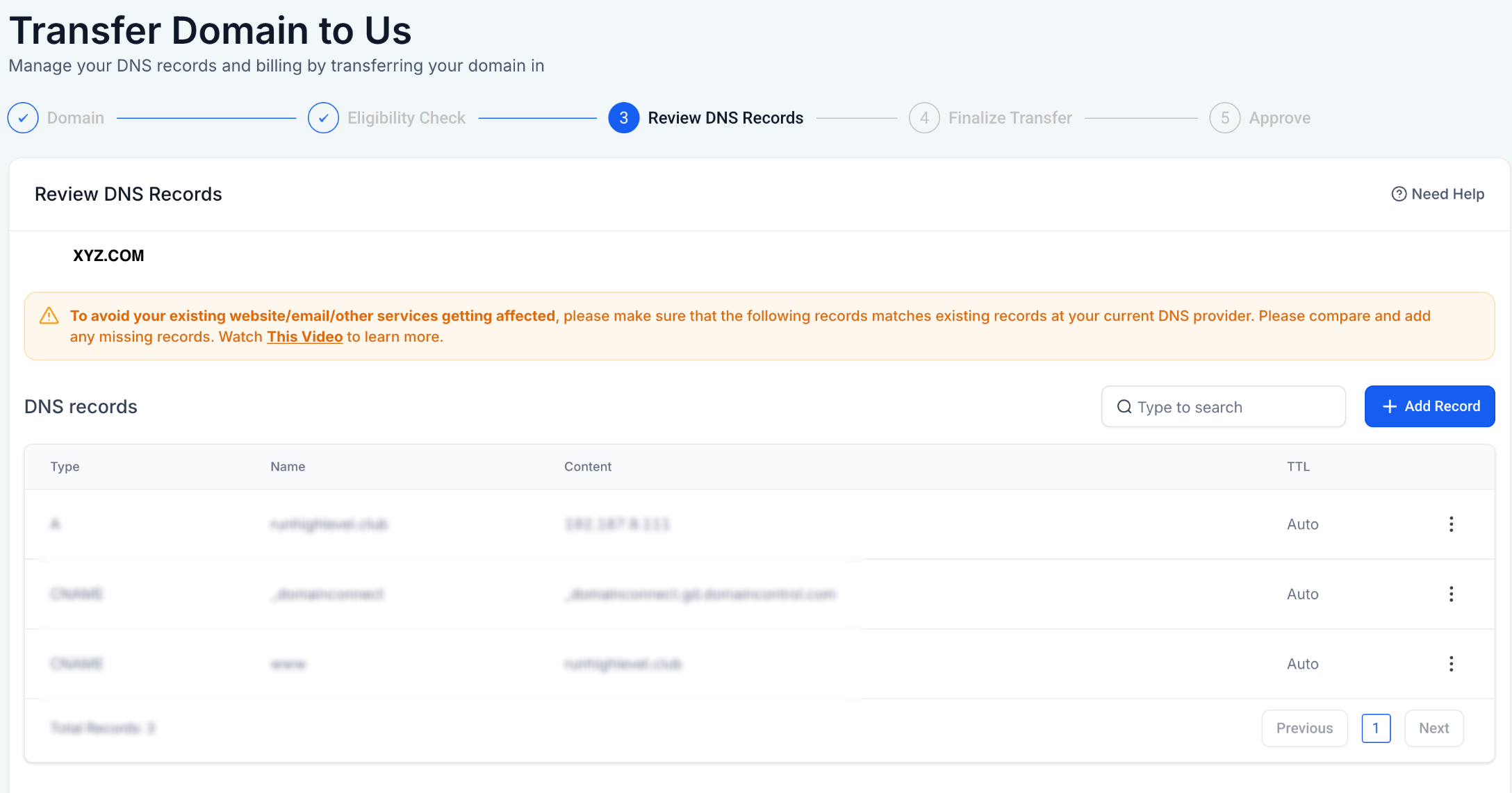 Domain Transfer In – Review DNS Records – Step 2: Reviewing DNS Records