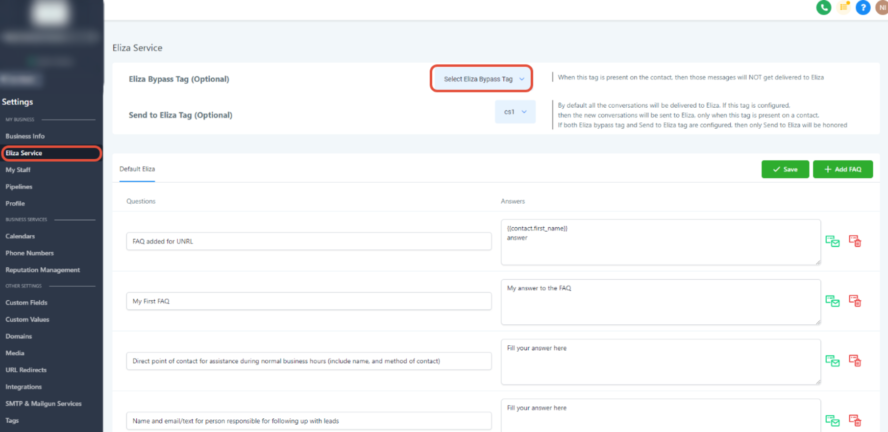 Eliza Agent Platform Settings within the CRM – Eliza Service settings showing the Eliza Bypass Tag selector