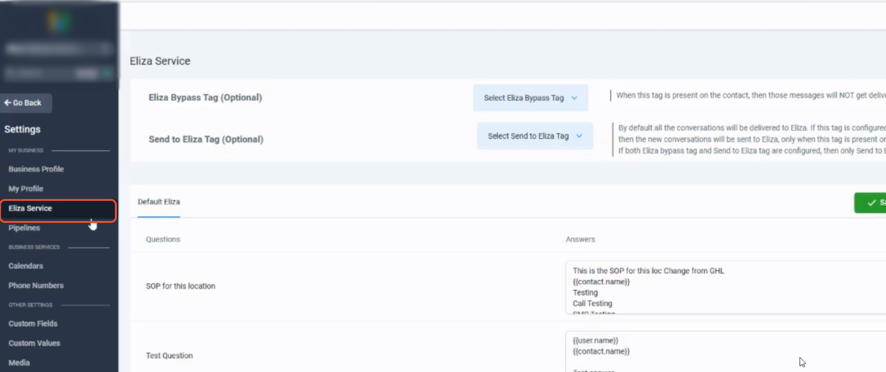 Eliza Agent Platform Settings within the CRM – Sub-account Settings showing the Eliza Service page with routing controls