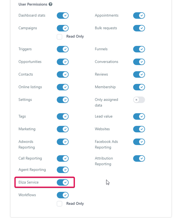 Eliza Agent Platform Settings within the CRM – User permissions showing Eliza Service access enabled