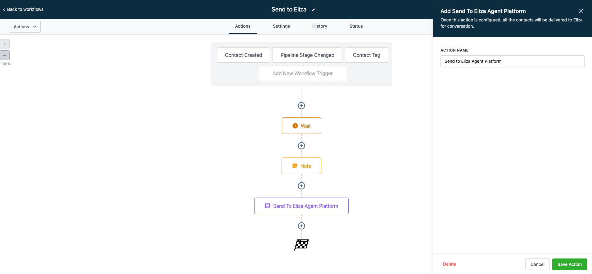 Eliza Agent Platform Settings within the CRM – Workflow containing the Send to Eliza Agent Platform action