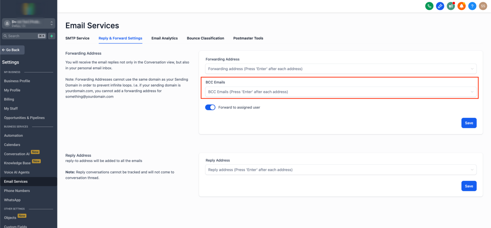 Email Services Configuration – Reply & Forward Settings – BCC Emails