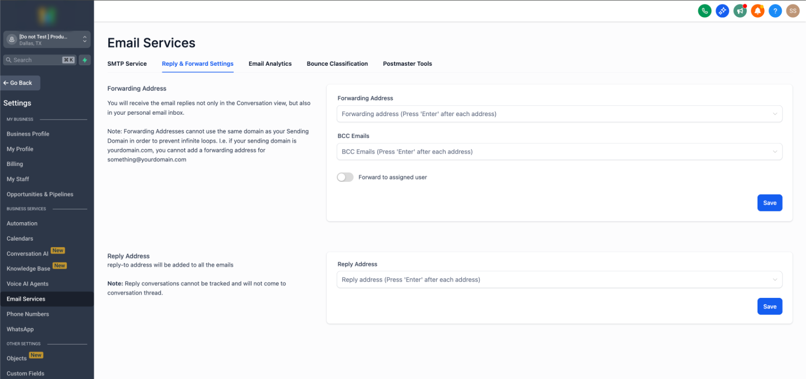 Email Services Configuration – Reply & Forward Settings – Forwarding Address