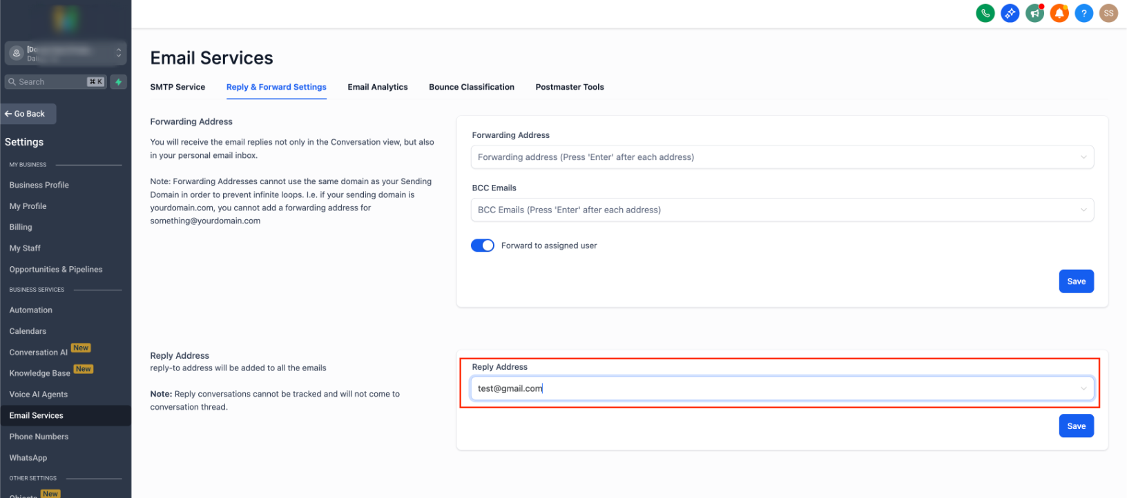 Email Services Configuration – Reply & Forward Settings – Reply Address