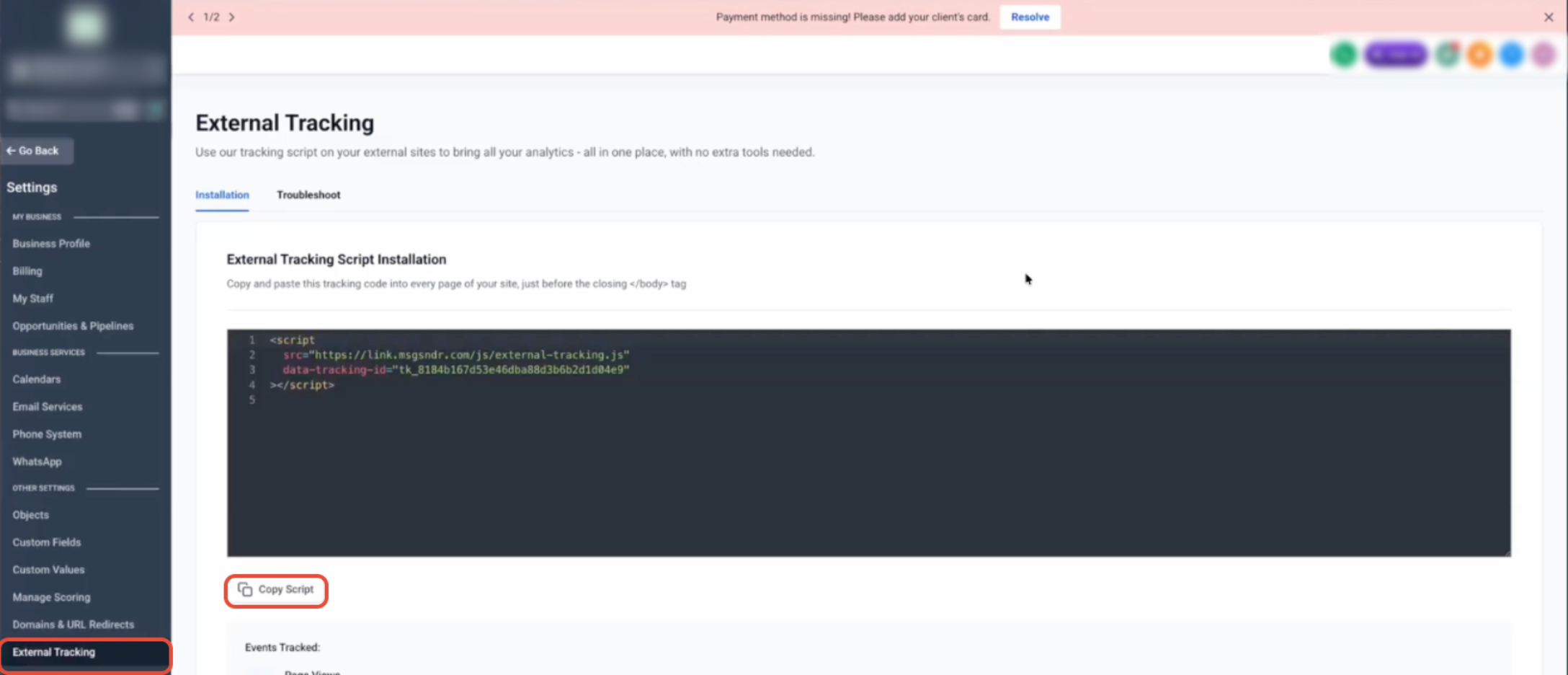 External Tracking: Capture Website Form Submissions Automatically – Step 1: Get Your Tracking Script