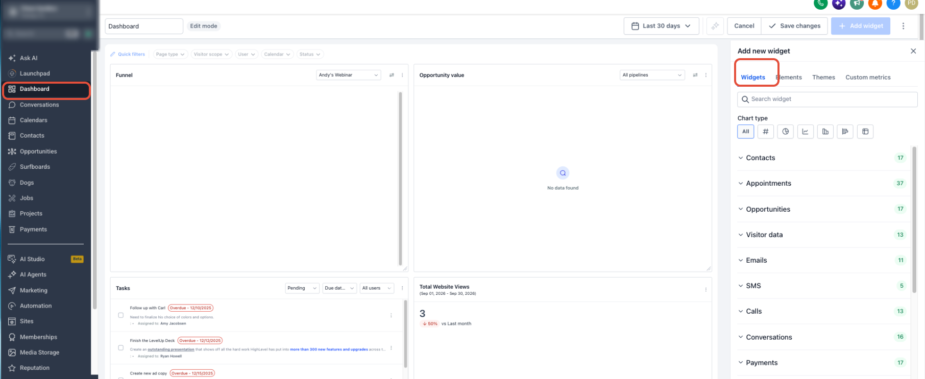 Funnel vs. Stages Distribution Widgets – Dashboard widget selection and configuration interface
