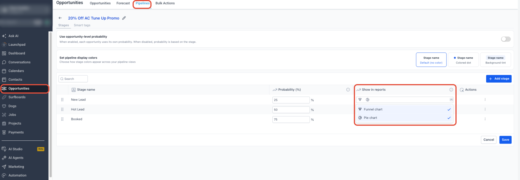 Funnel vs. Stages Distribution Widgets – Pipeline configuration showing Funnel and Stages Distribution visibility controls