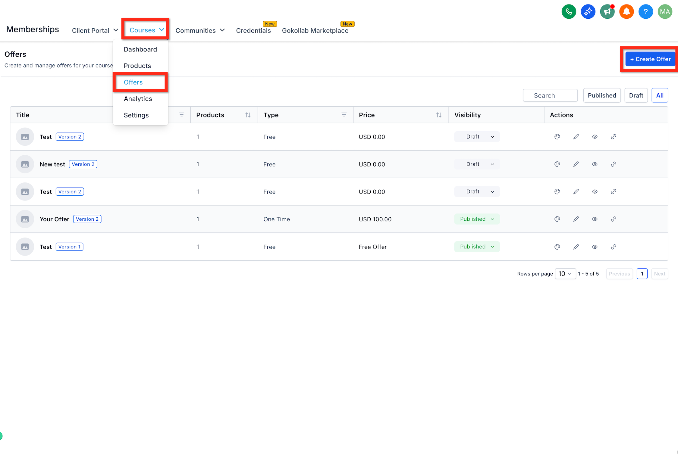 Getting Started – Launch a Course – Create an Offer
