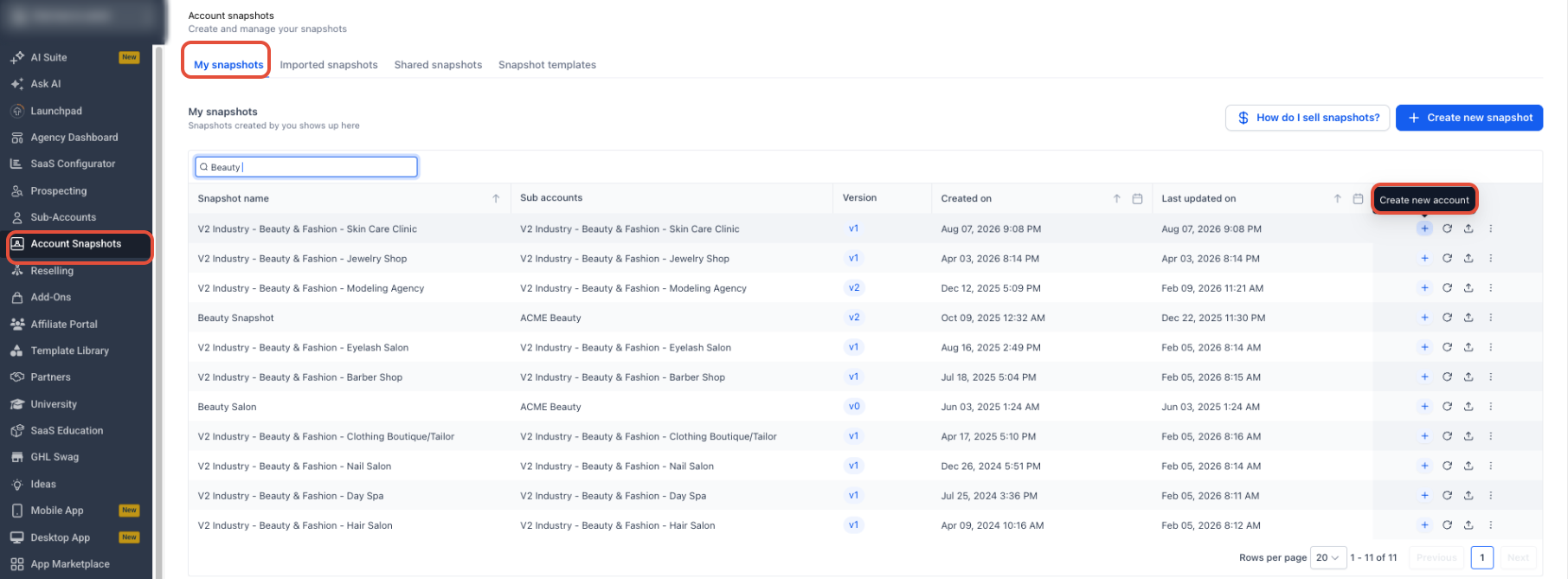 Hair Salon Snapshot – Option A: Create a New Sub-Account from the Snapshot
