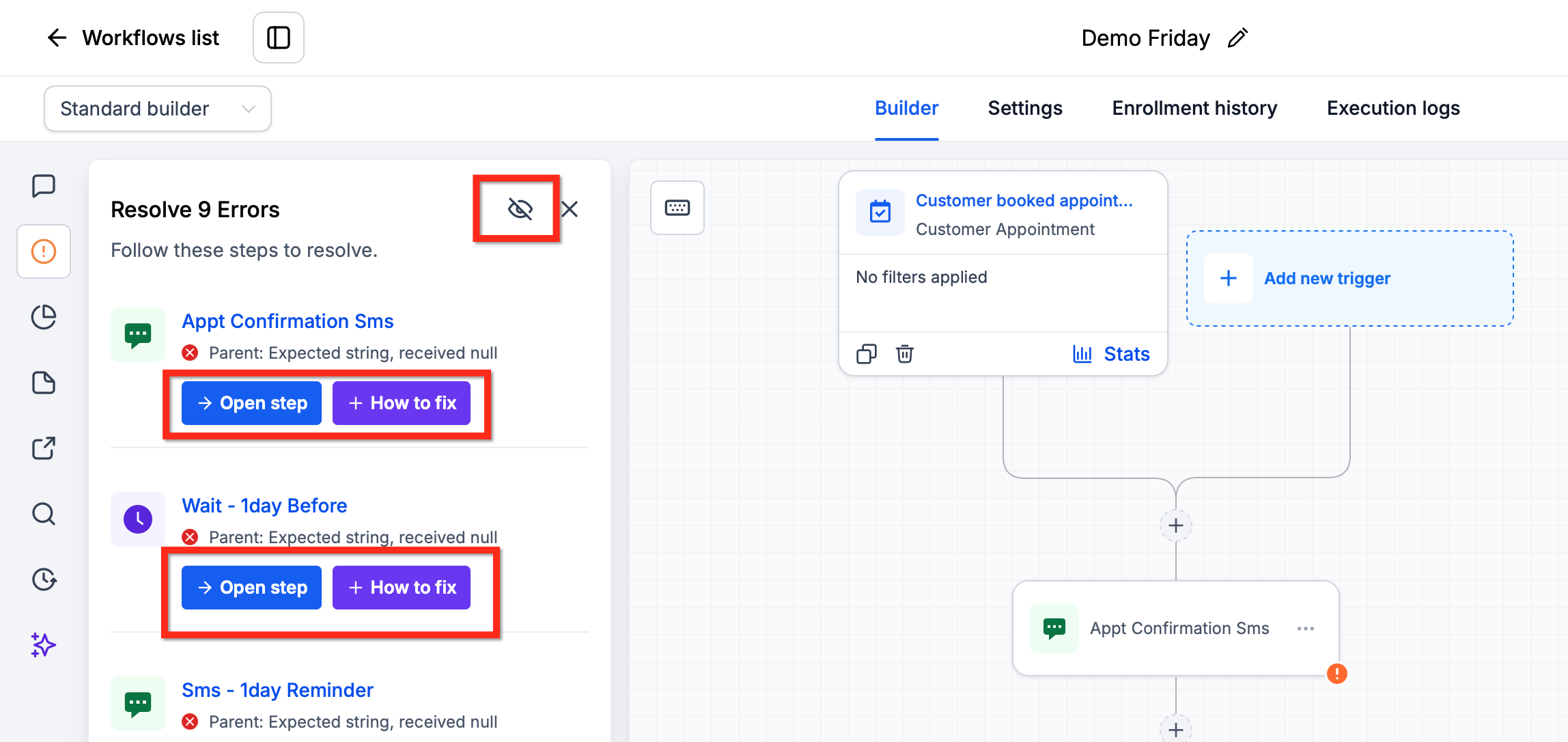 Highlighting & Resolving Errors in a Workflow – Resolve Errors Sidebar
