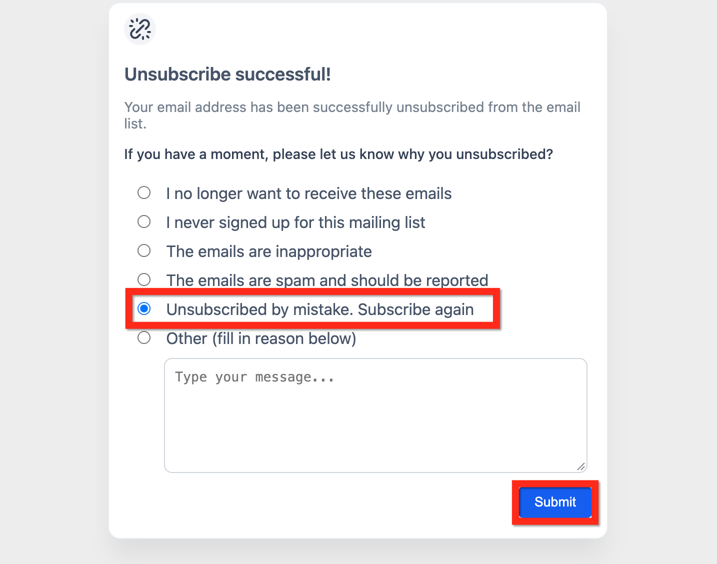 How Recipients Can Resubscribe to an Email List – Step 4: Resubscribe from the feedback form