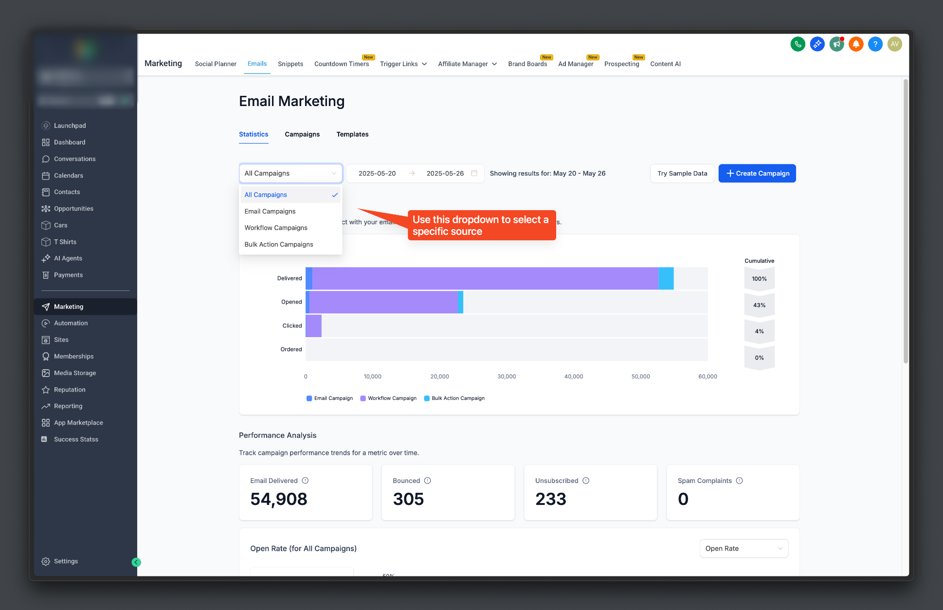 How to Access the All-in-One Dashboard for Email Marketing – Filtering Email Statistics by Source
