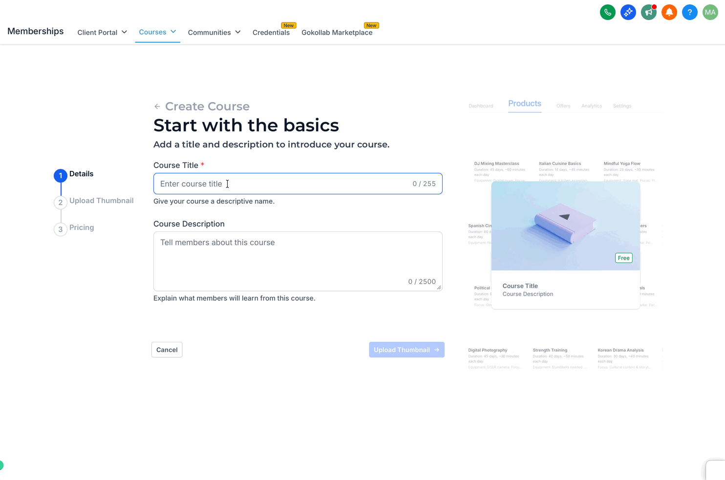 How To Build Courses / Membership Sites – Course creation workflow showing course details and Create Course