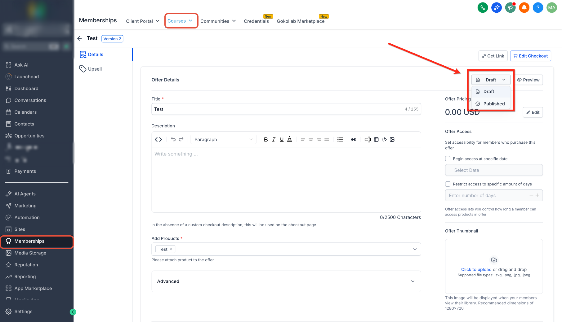 How To Build Courses / Membership Sites – Course Offer editor showing Draft and Published status options