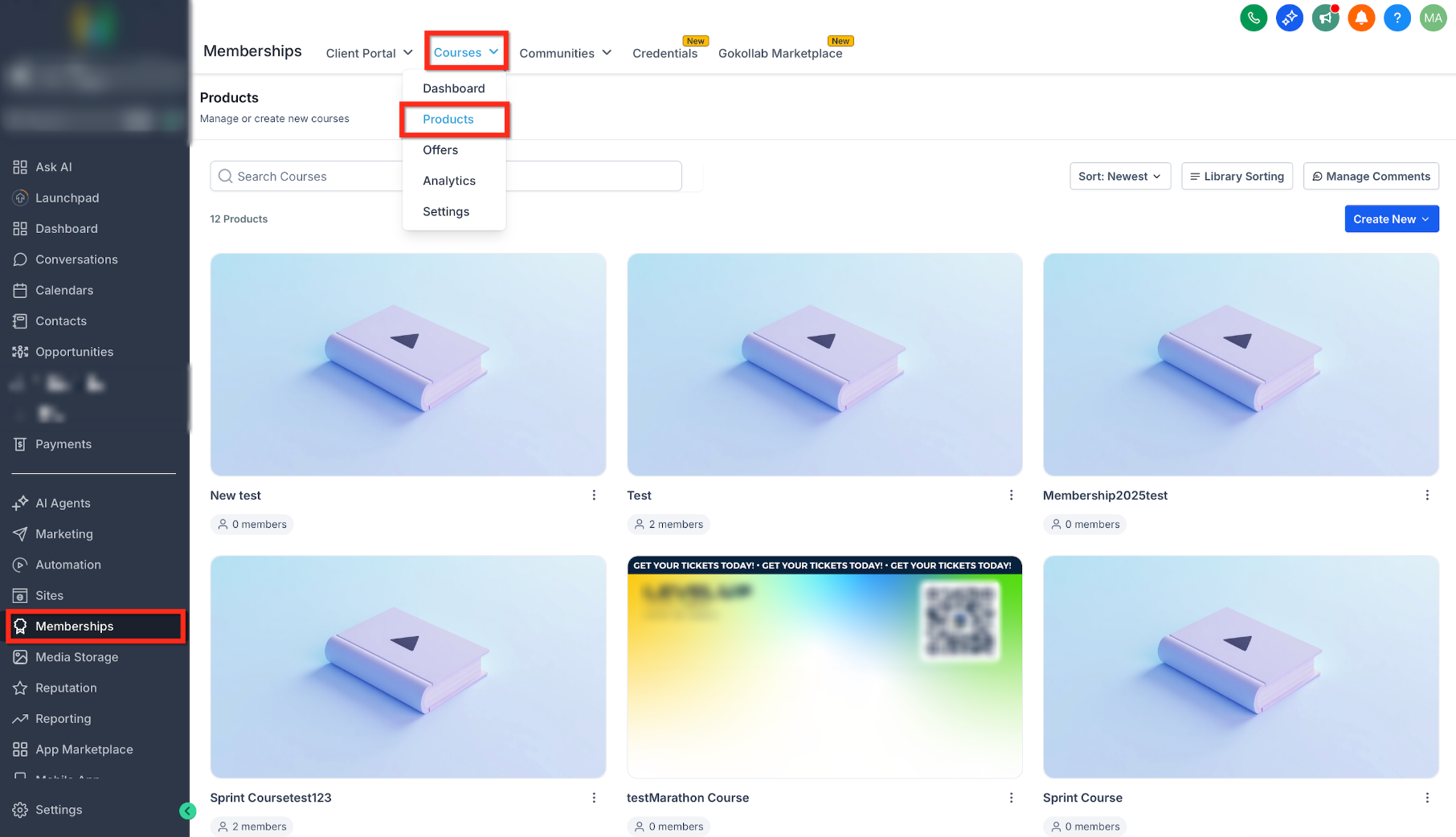 How To Build Courses / Membership Sites – Memberships Courses menu showing the Products page