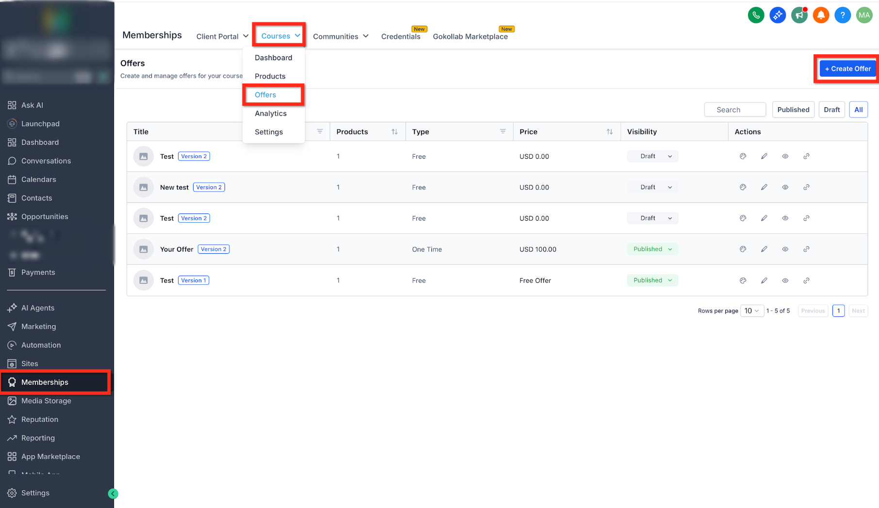 How To Build Courses / Membership Sites – Memberships Courses Offers page showing the Create Offer button