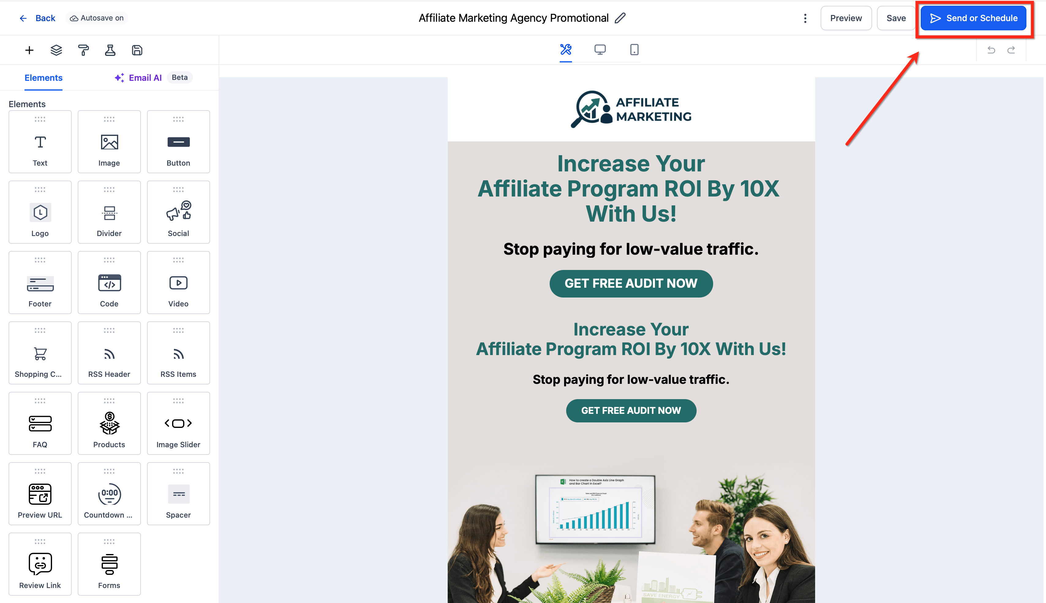 How to Build Recipient Segments in Email Campaigns – Email Builder showing the Send or Schedule option