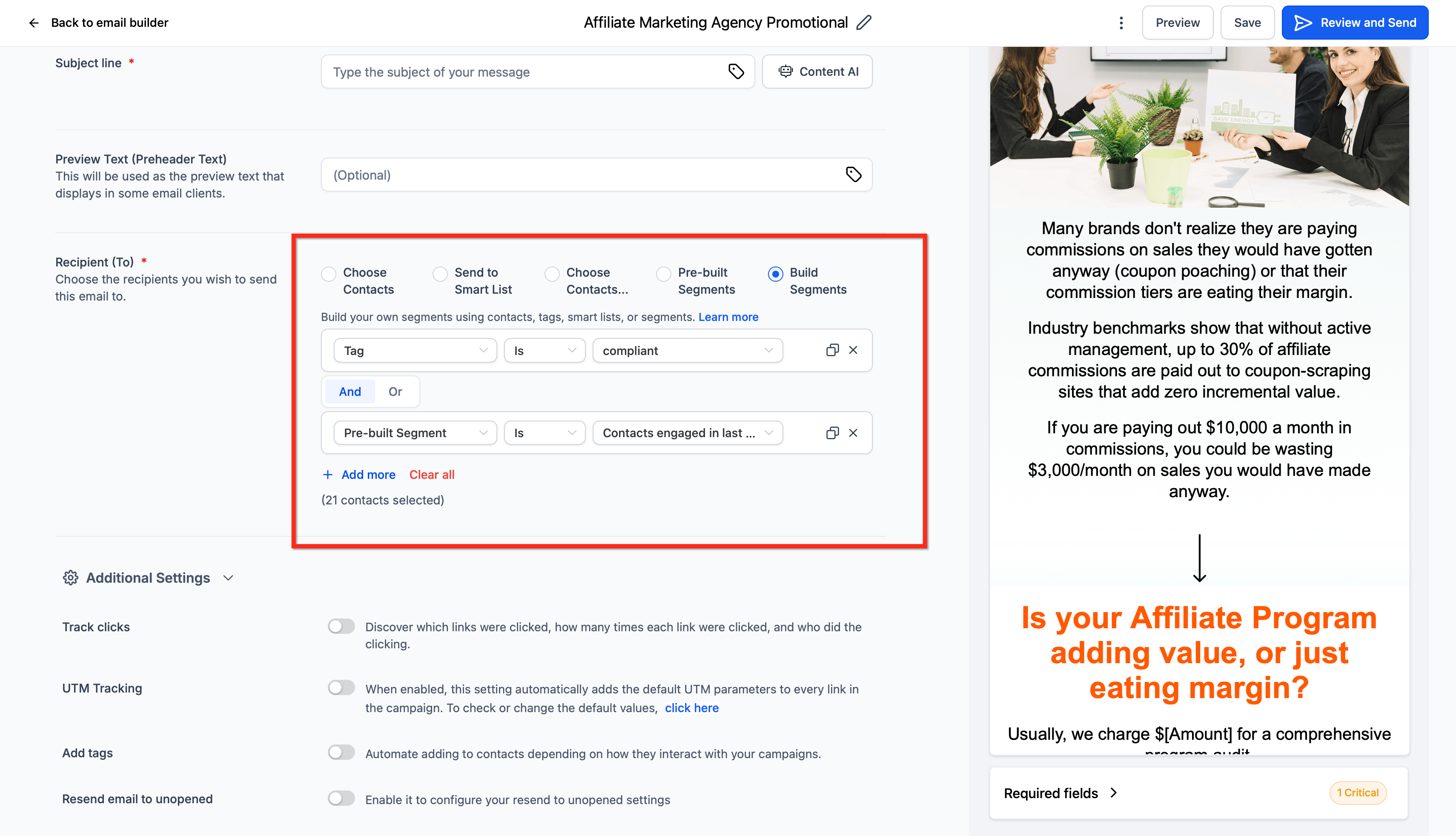 How to Build Recipient Segments in Email Campaigns – Recipient To area showing Build Segments