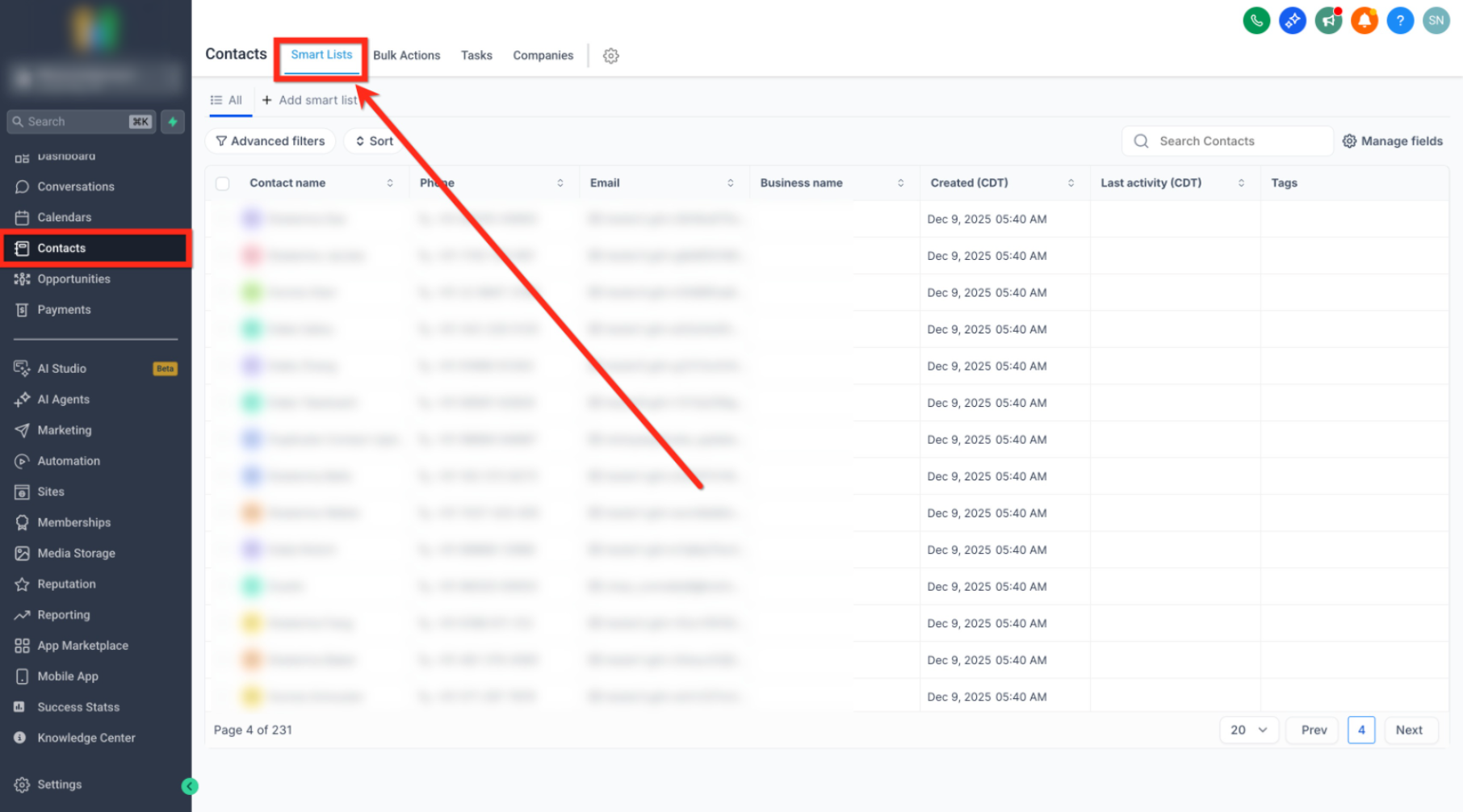 How to Bulk Add Contacts to a Workflow – Contacts Smart Lists page used to prepare contacts for bulk workflow enrollment