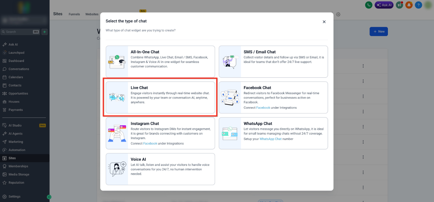 How to Create an Embedded Live Chat Widget – Step 2: Select Live Chat