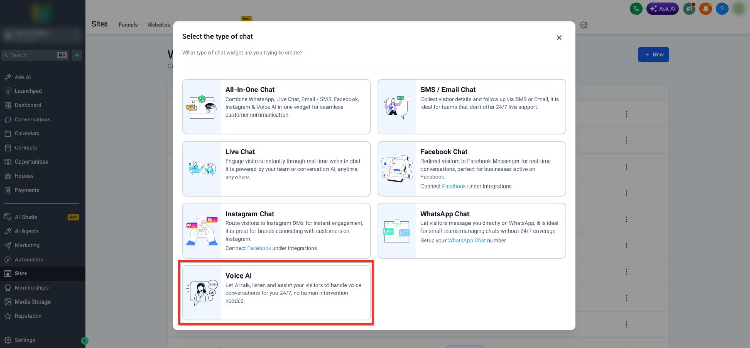 How to create an Embedded Voice AI Chat Widget – Step 2: Select Voice AI Chat