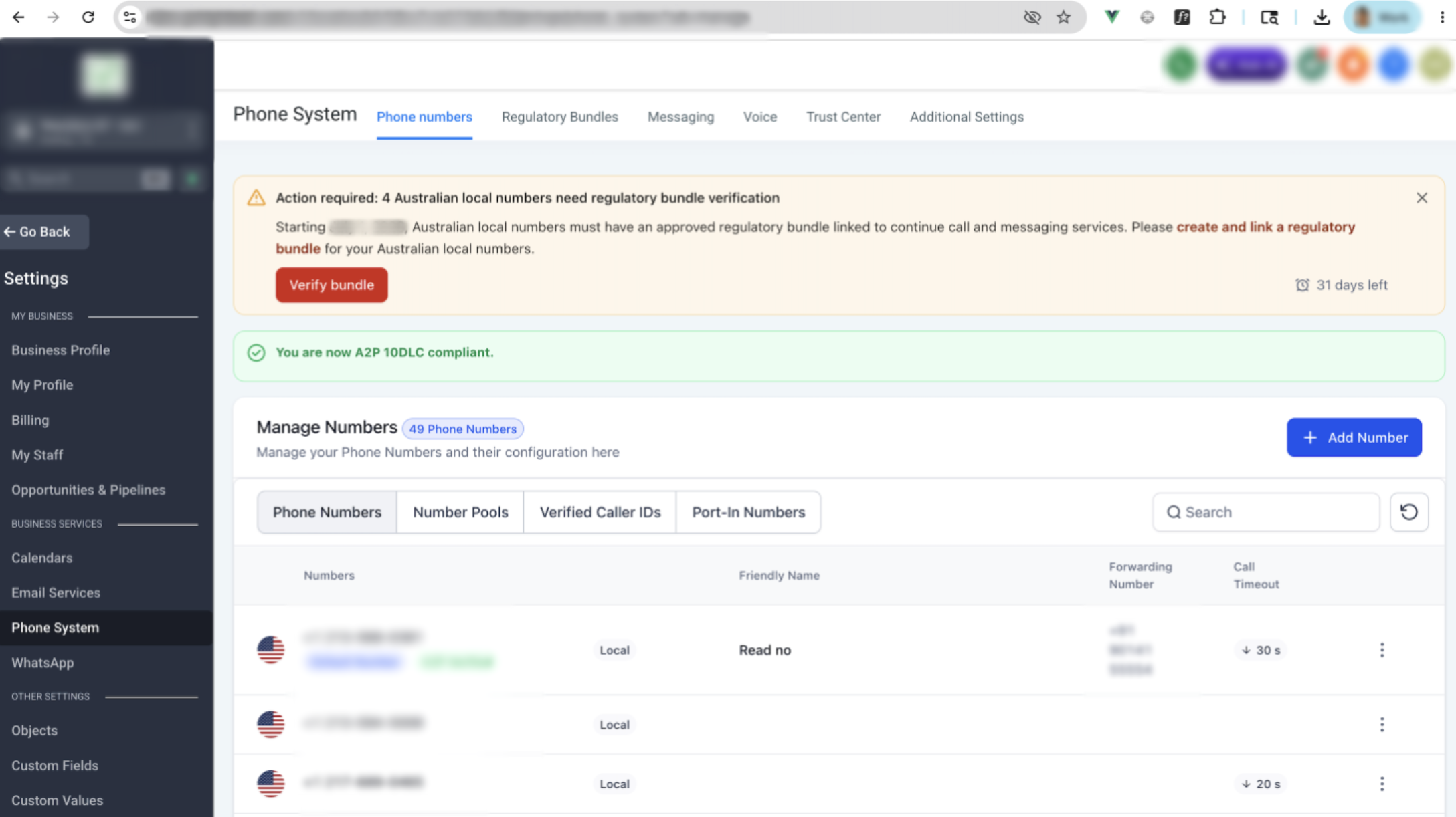 How to create and link a Regulatory Bundle for Australian local numbers – In the number list, any AU local number that needs attention shows a Bundle required tag directly under t…