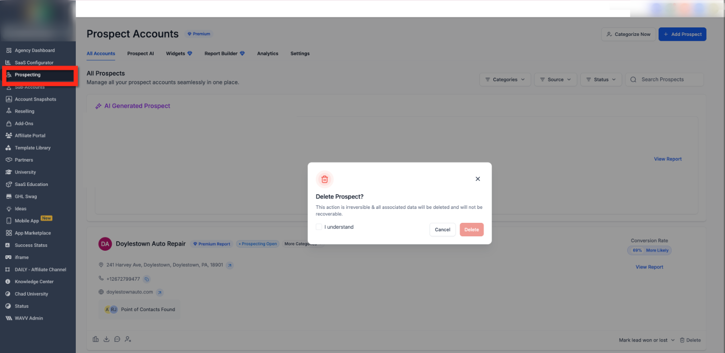 How to Delete a Prospect from the Prospecting Tool – Confirm and complete deletion