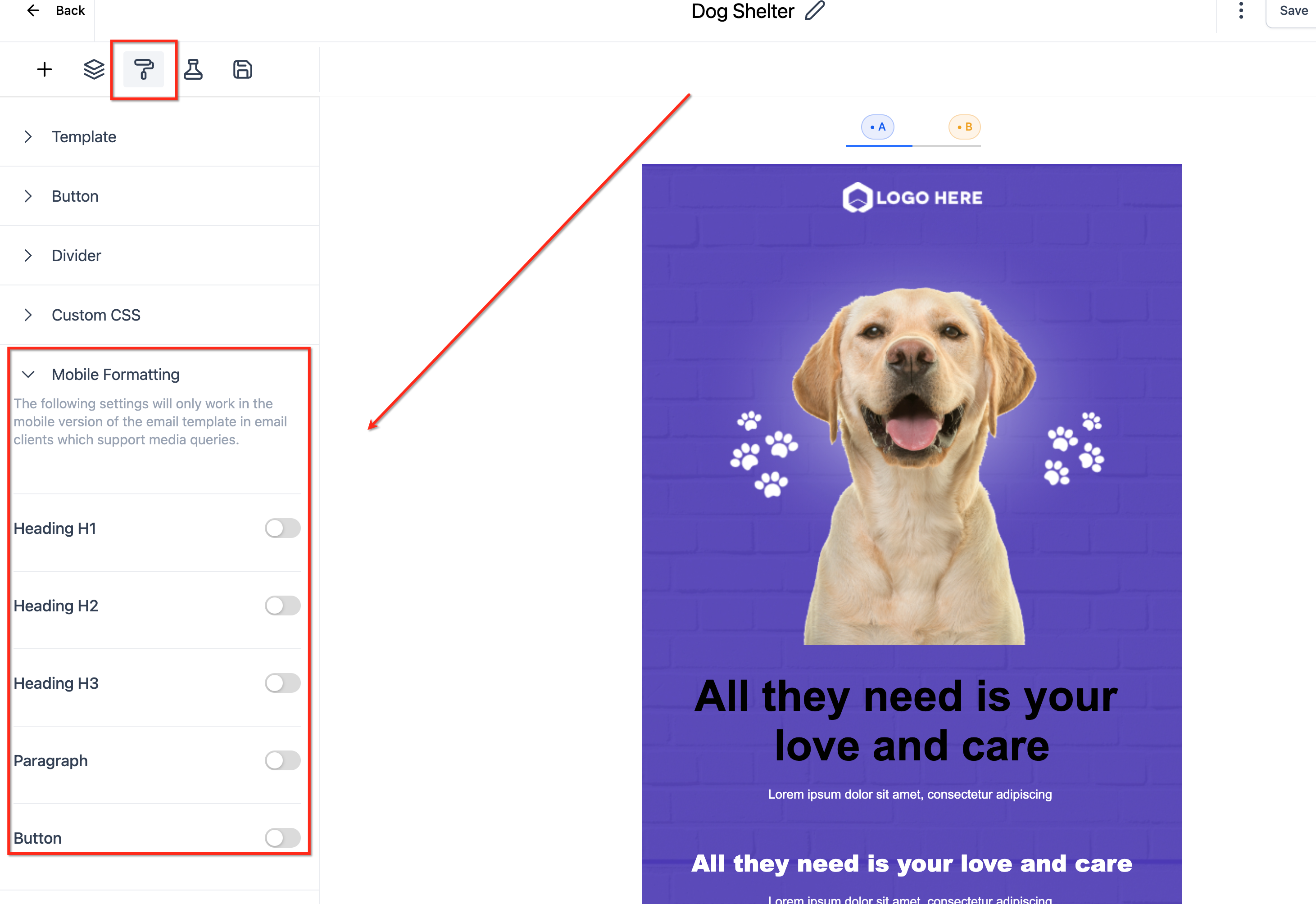 How to edit your Email Format for Mobile under Appearance tab – Open Mobile Formatting
