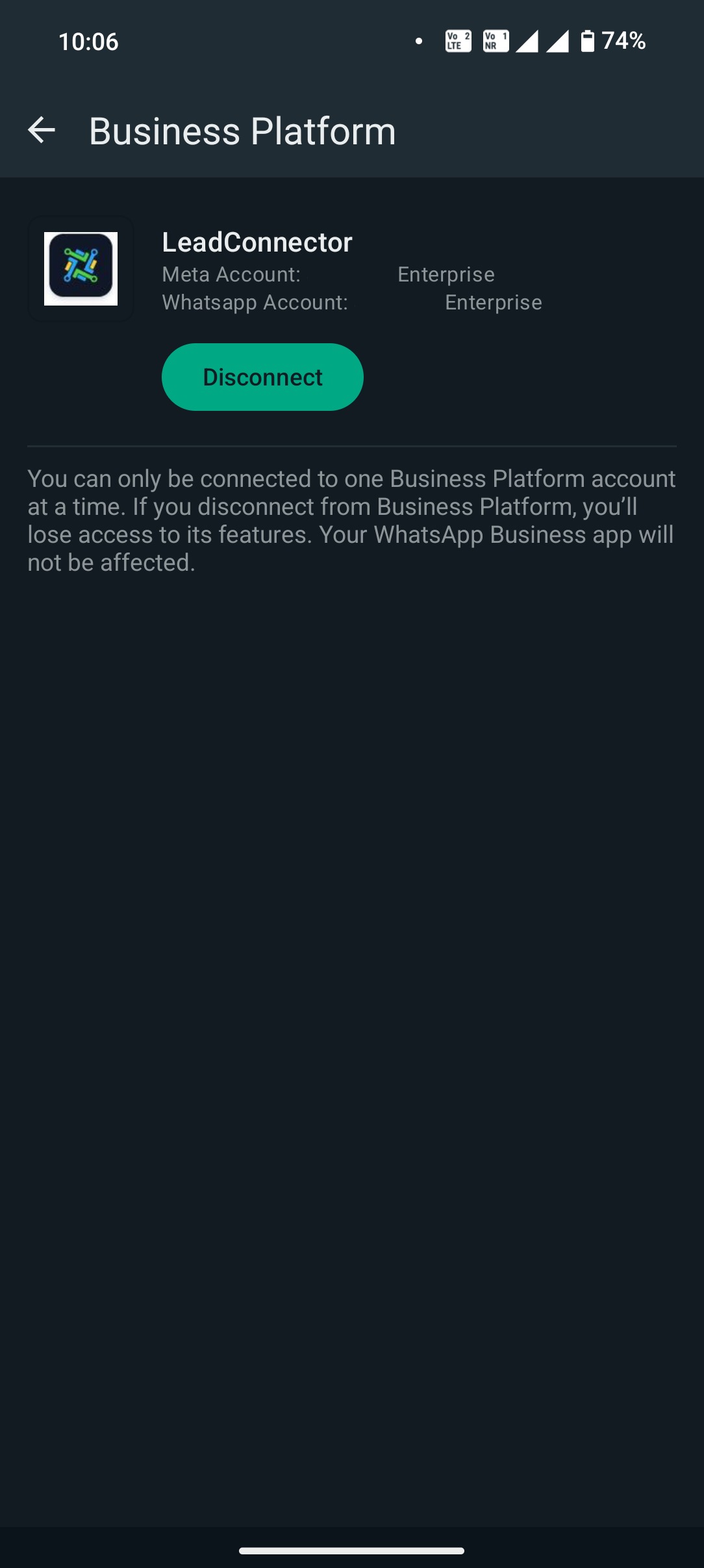 How to Enable WhatsApp in your account? – Under LeadConnector, tap the Disconnect button and confirm to remove the integration.
