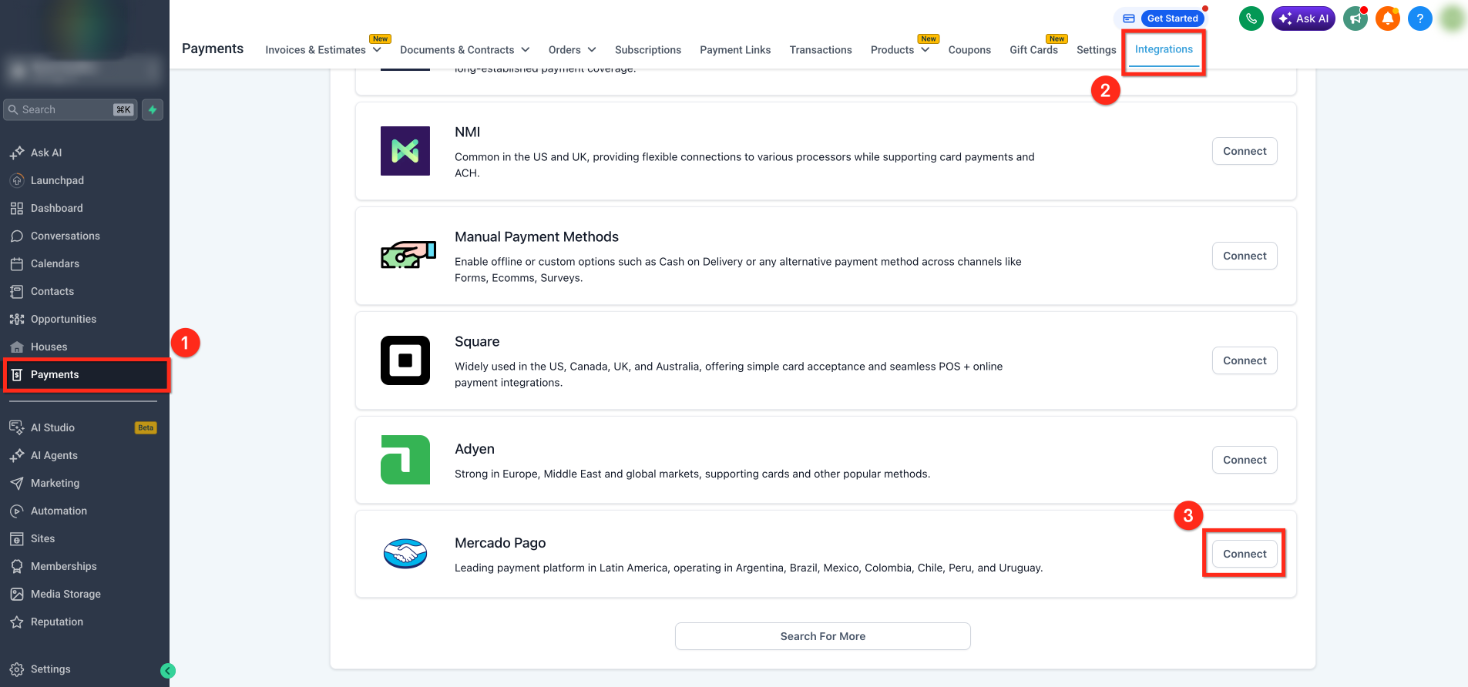 How to integrate with Mercado Pago for accepting payments? – Step 1: Open Mercado Pago in Payment Integrations
