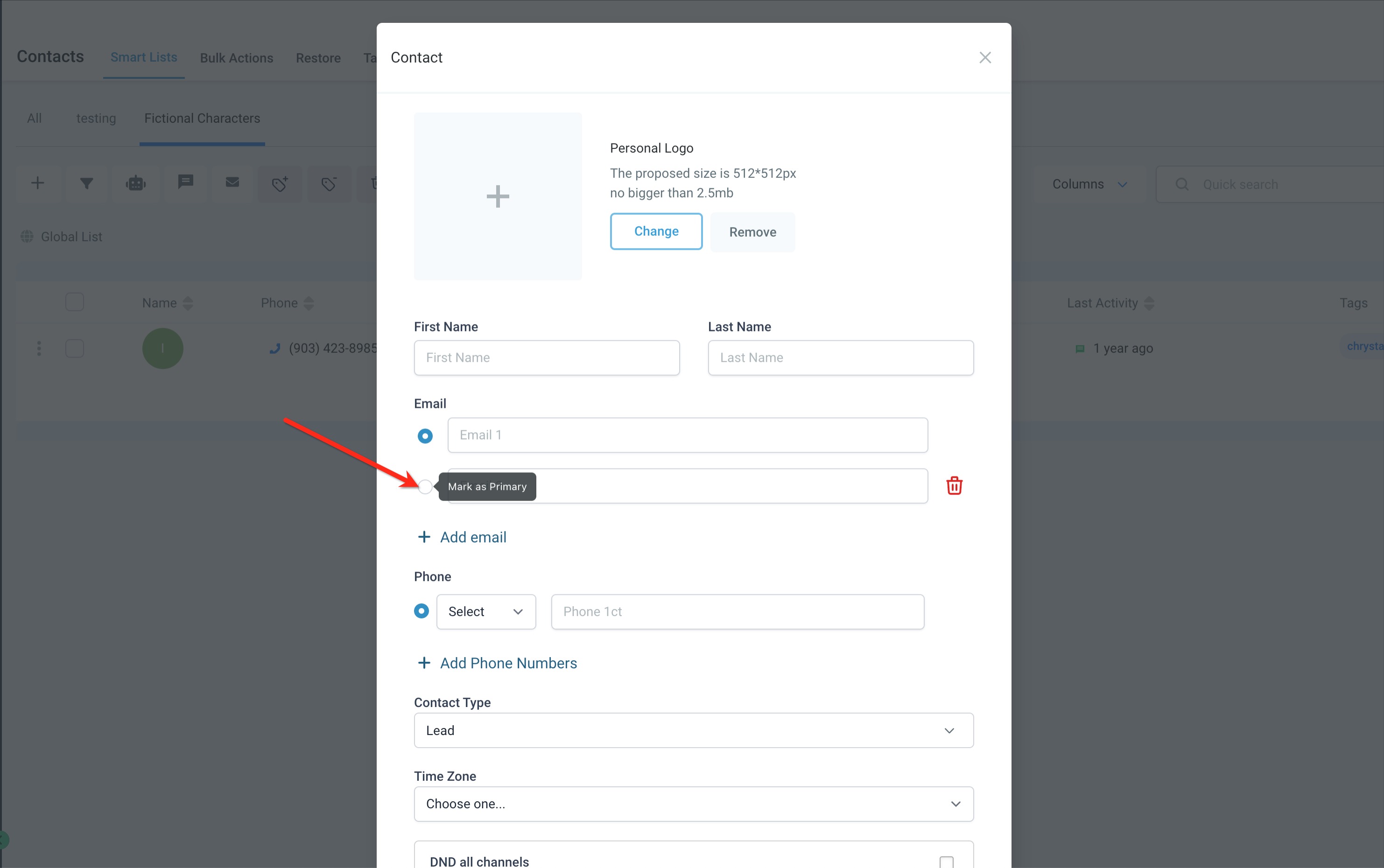 How to Manage Multiple Email Addresses for a Contact – Multiple contact email addresses showing the primary email star icon