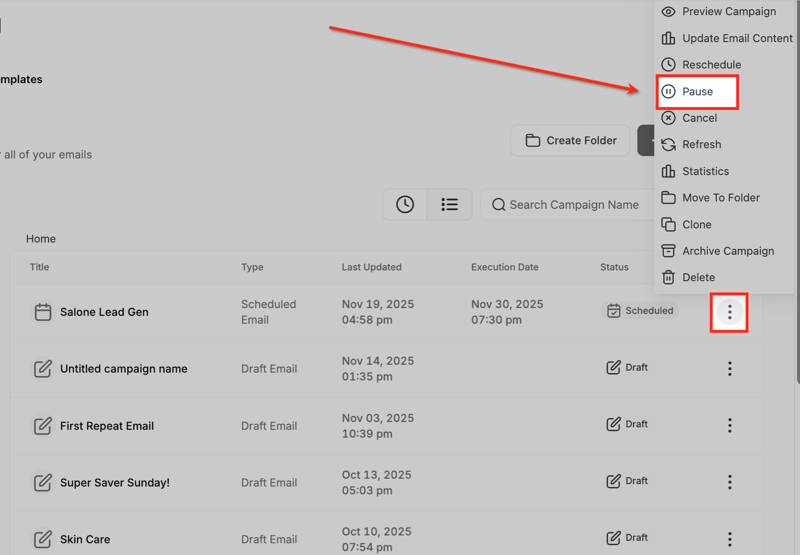 How to Pause, Resume, or Cancel a Scheduled Email Campaign – Campaign actions menu showing an available Pause, Resume, or Cancel option