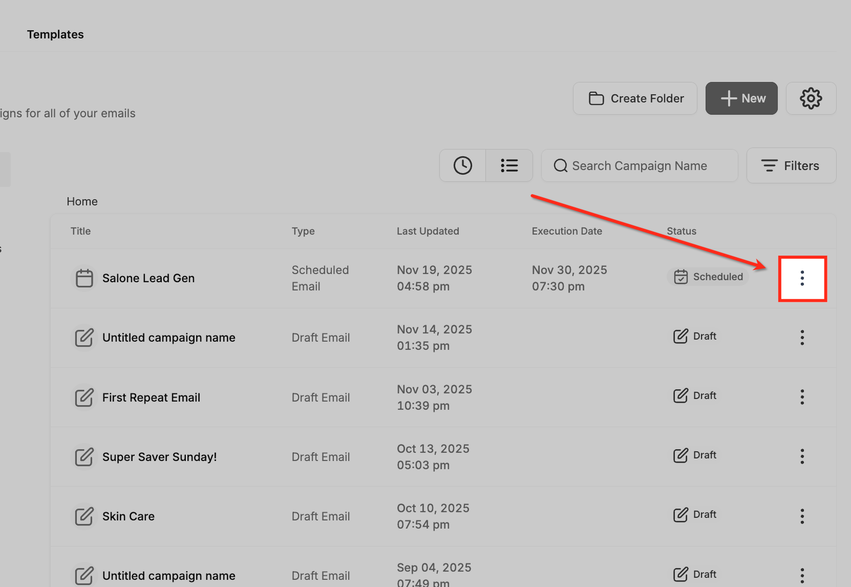 How to Pause, Resume, or Cancel a Scheduled Email Campaign – Email Campaigns page showing a scheduled campaign and its three-dot actions menu