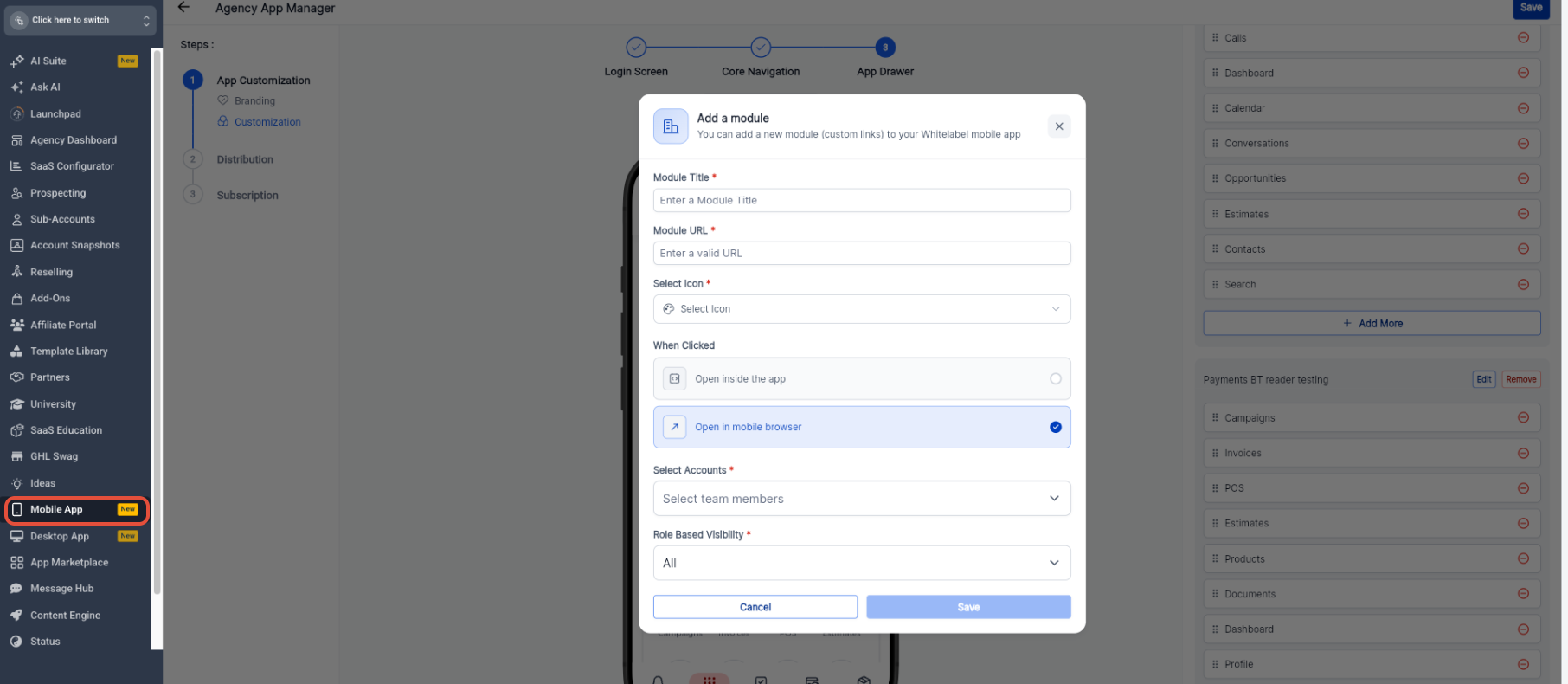 How to Promote and Customize Your Whitelabel Mobile App – Add a module window showing Module Title, Module URL, icon, opening behavior, account selection, and Role Bas…