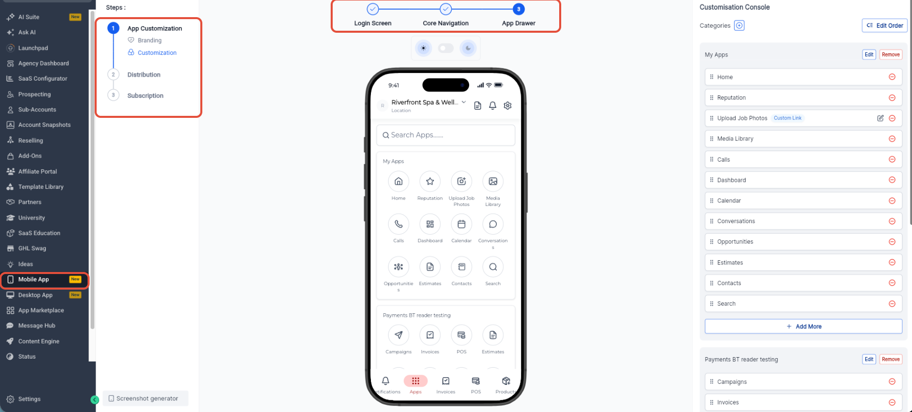 How to Promote and Customize Your Whitelabel Mobile App – App Drawer customization showing categories, supported modules, Edit Order, and Add More