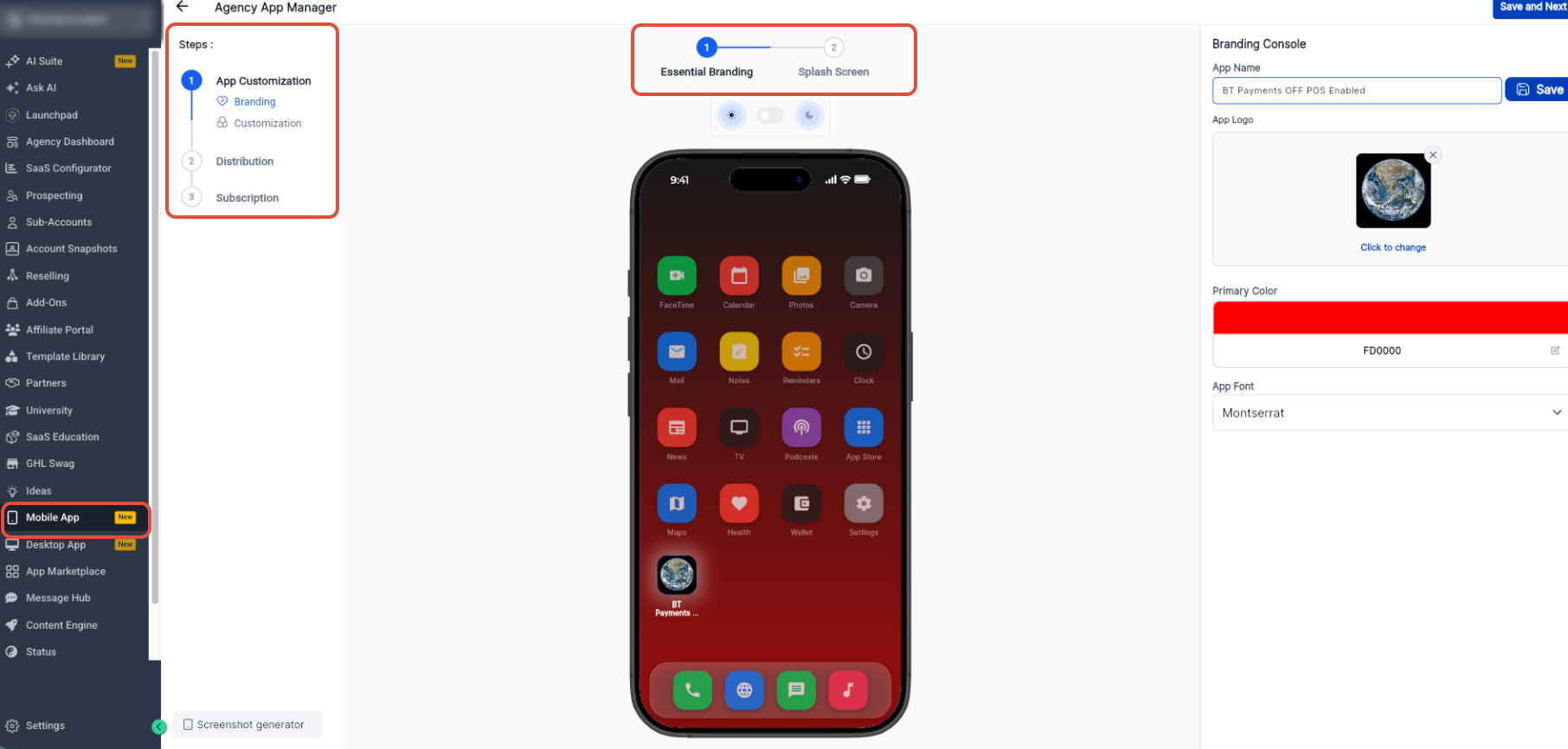 How to Promote and Customize Your Whitelabel Mobile App – Branding Console showing App Name, App Logo, Primary Color, App Font, and branding steps