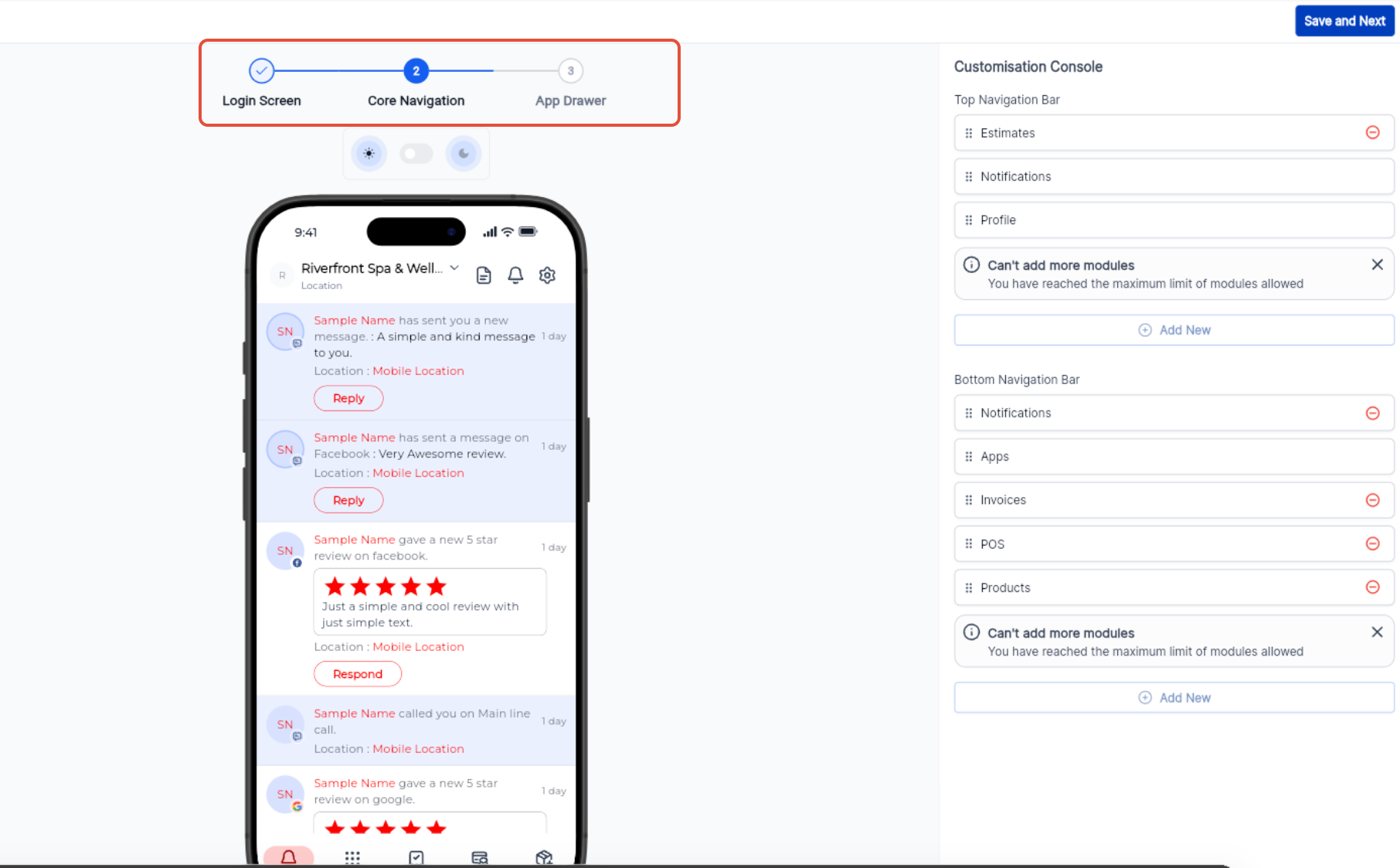 How to Promote and Customize Your Whitelabel Mobile App – Core Navigation settings showing Top Navigation Bar and Bottom Navigation Bar modules