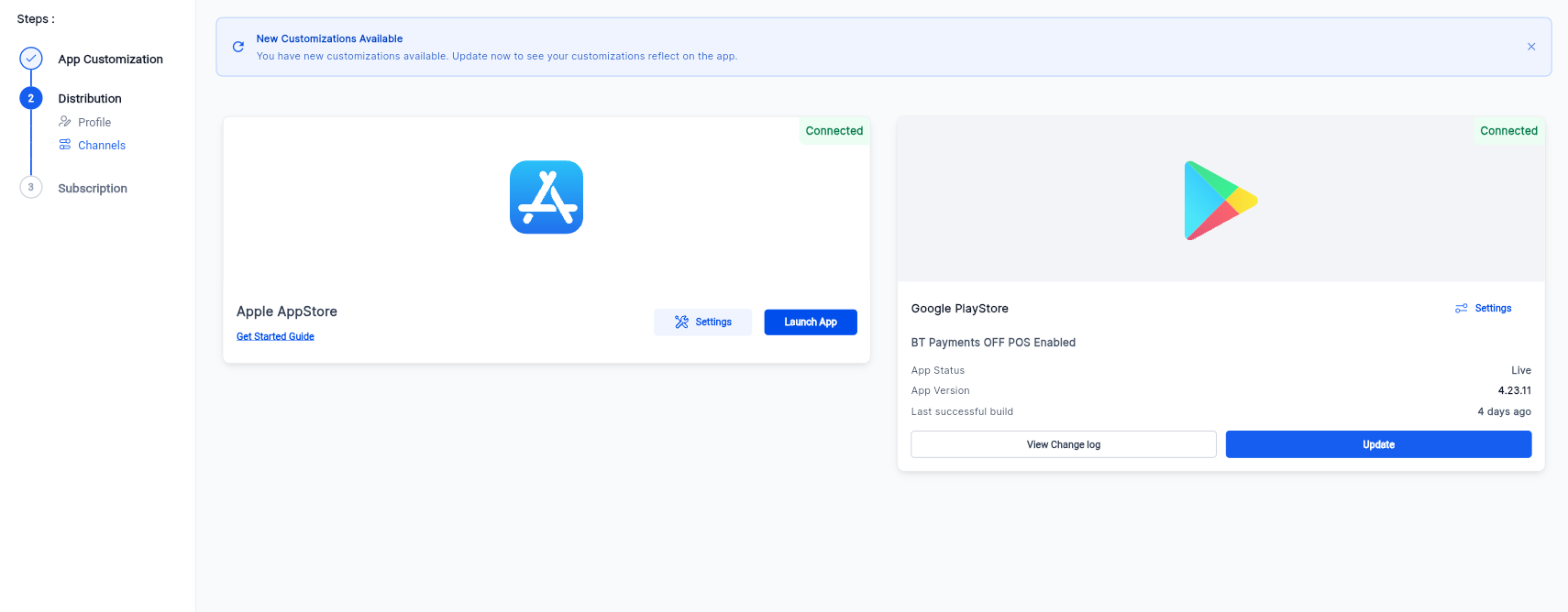 How to Promote and Customize Your Whitelabel Mobile App – Distribution Channels showing connected Apple AppStore and Google PlayStore accounts