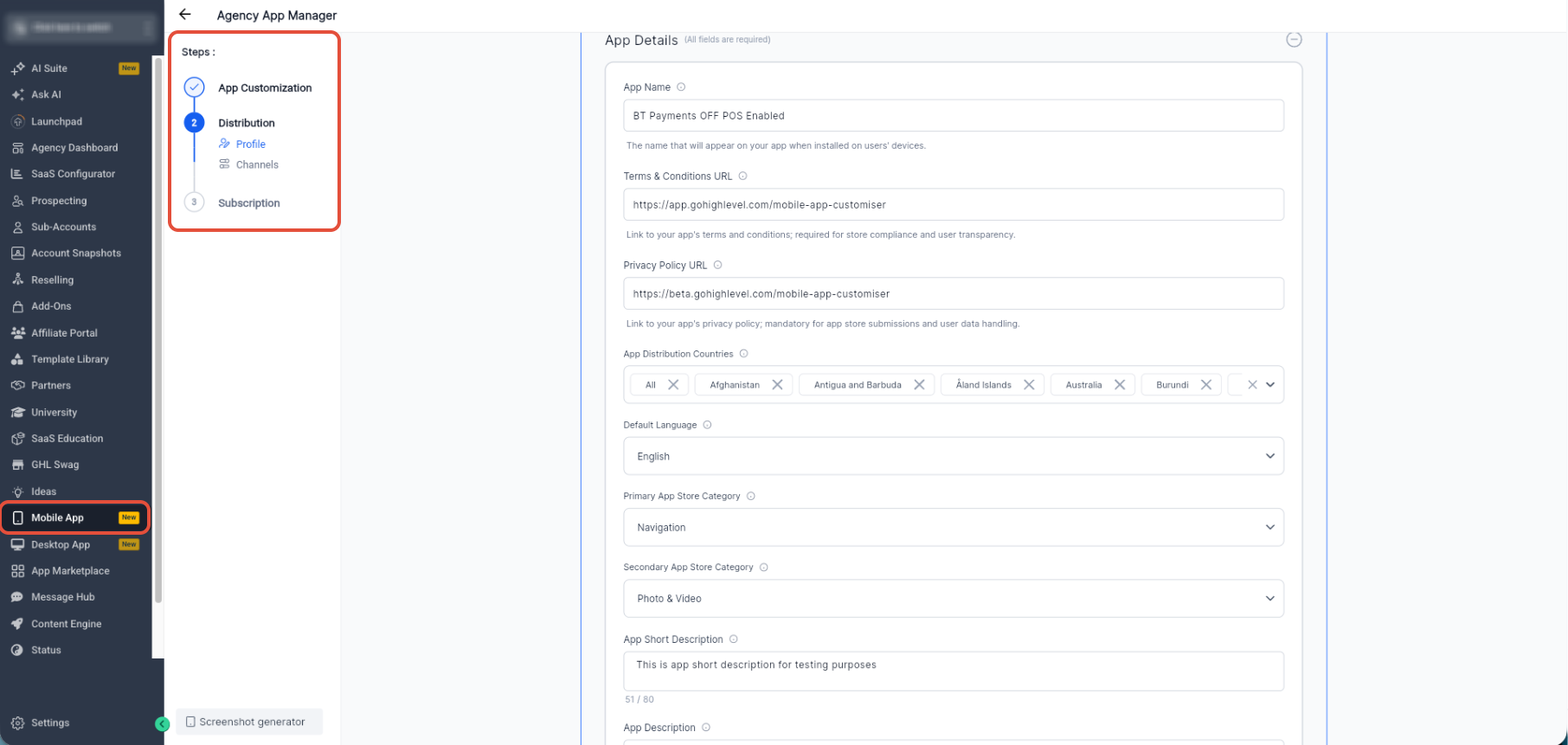 How to Promote and Customize Your Whitelabel Mobile App – Distribution Profile showing App Name, policy URLs, distribution countries, language, categories, and app des…