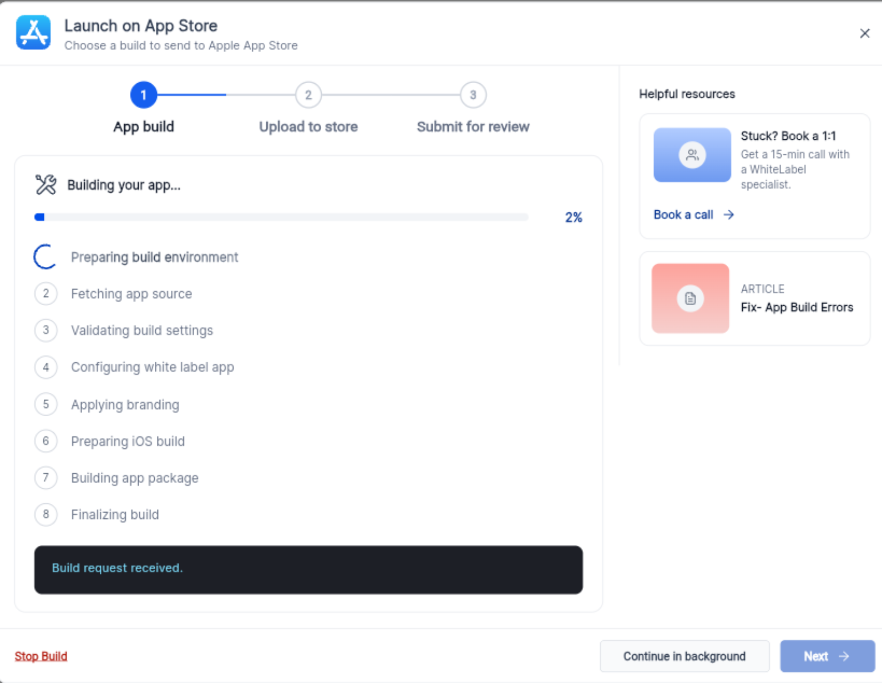 How to Promote and Customize Your Whitelabel Mobile App – Launch on App Store workflow showing App build, Upload to store, Submit for review, and build progress