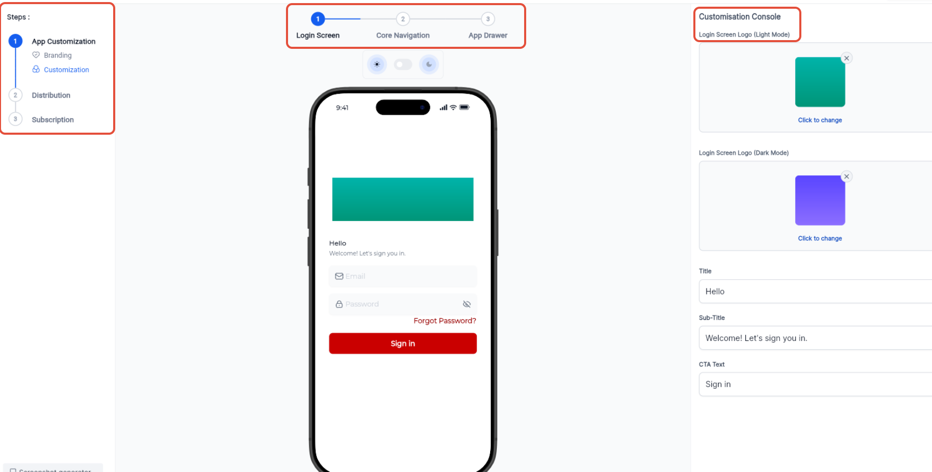 How to Promote and Customize Your Whitelabel Mobile App – Login Screen customization showing Light Mode and Dark Mode logos, title, subtitle, and CTA text