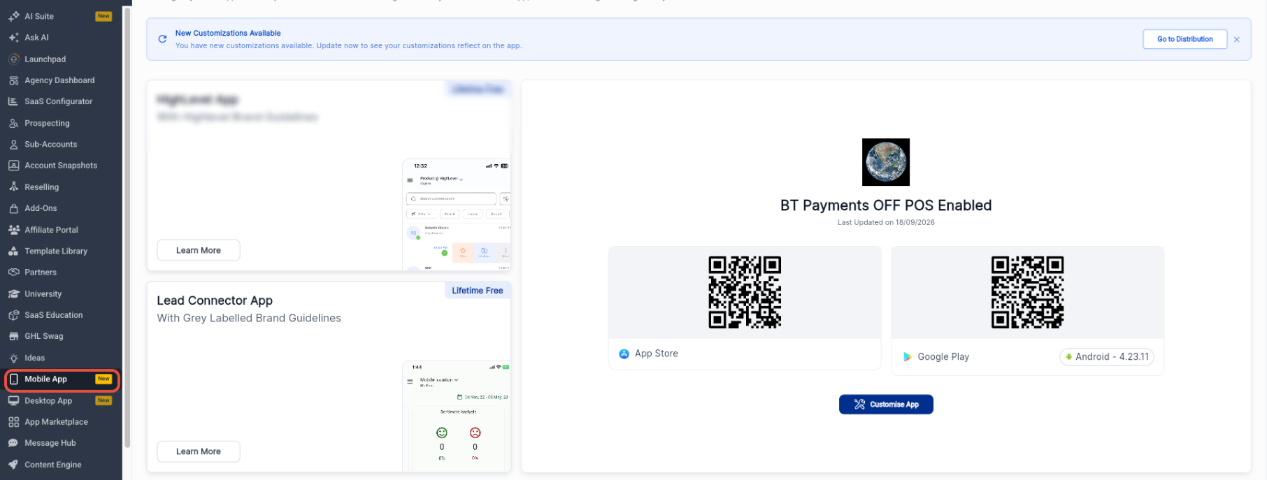 How to Promote and Customize Your Whitelabel Mobile App – Mobile App workspace showing available mobile app options, store download QR codes, and the Customise App but…