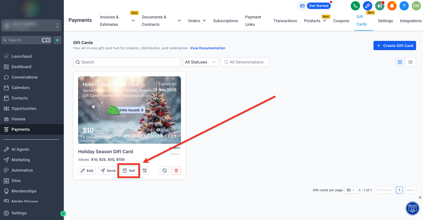 How to Sell Gift Cards – Step 2: Click Sell